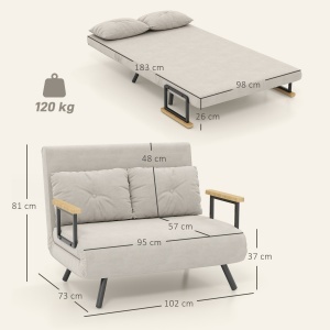 Canapea Pat de 2 Locuri cu Spătar Reglabil pe 5 Nivele și 2 Perne din Material Capitonat, 102x73x81 cm, Negru - Img 3