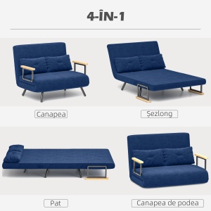 Canapea Pat de 2 Locuri cu Spătar Reglabil pe 5 Nivele și 2 Perne din Material Capitonat, 102x73x81 cm, Albastru - Img 4