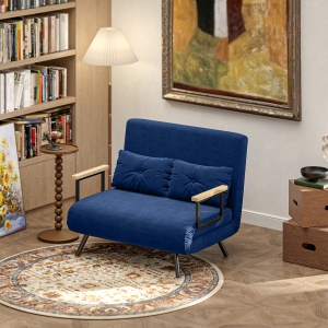 Canapea Pat de 2 Locuri cu Spătar Reglabil pe 5 Nivele și 2 Perne din Material Capitonat, 102x73x81 cm, Albastru - Img 8