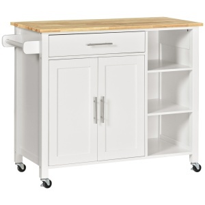 carucior bucatarie cu 4 roți, 3 rafturi, pentru bucătărie si sufragerie,107×48×89 cm, din MDF, Lemn de cauciucalba, alb - Img 1