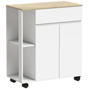 Cărucior Bucătărie, Insulă Bucătărie cu Sertar, Dulap, 2 Rafturi Laterale și Rafturi Reglabile, Cărucior Multiutilitar din Lemn, 78x39.5x88.5 cm, Alb și Stejar