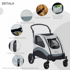 Carucior Caini – Talie Medie cu 4 Roti & Plasa Oxford - Img 5