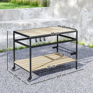 Cărucior cu Roți din Lemn cu 2 Rafturi, 3 Cârlige, Blat cu Lamele și Mâner 107x65x80 cm Natural - Img 3