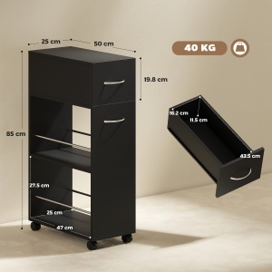 Cărucior de Bucătărie cu 2 Rafturi Deschise, Sertar și Balustrade Negru - Img 3