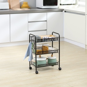 Carucior de bucatarie cu 3 niveluri cu cosuri detasabile si 4 roti, otel si plastic PP, 45Lx26,5x63cm, Negru - Img 7