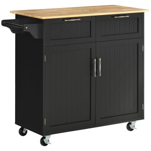 Carucior de bucatarie multifunctional din lemn cu 2 sertare, dulapior si 4 roti, 104x46x91cm, negru