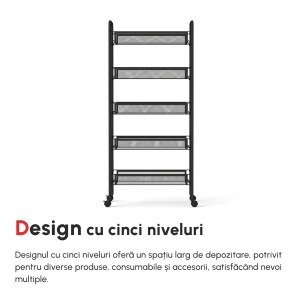 Carucior de bucatarie pe 5 niveluri cu cosuri din plasa, carucior de depozitare pentru sufragerie si dormitor din otel, 45x26,5x106cm, negru - Img 7