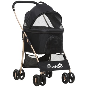 Carucior Detasabil pentru Animale de Companie, Carucior de Calatorie 3 in 1 pentru Caini si Pisici, Geanta de Transport Pliabila cu Roti Universale cu Frana, Copertina Cos de Depozitare, Negru - Img 1