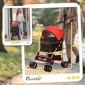 Cărucior pentru Câini Pliabil și Convertibil în Geantă de Transport cu 2 Lese și Pernă, 82x49.5x98 cm, Roșu - Img 3