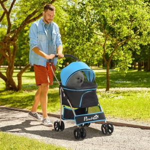 Cărucior pentru Câini Pliabil și Convertibil în Geantă de Transport cu 2 Lese și Pernă, 82x49.5x98 cm, Albastru - Img 2