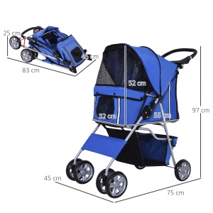 Cărucior Pliabil pentru Câini până la 10 kg cu Copertină de Ploaie, 75x45x97 cm, Albastru - Img 3