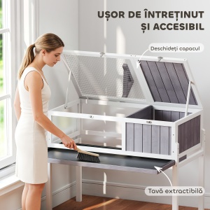 Casă pentru Țestoase Înălțată cu Separator, Sertar și 2 Capace, Teren pentru Țestoase din Lemn de Brad și PS, 104x53x82 cm, Gri și Alb - Img 5