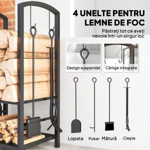 Caseta pentru Lemne cu Set Unelte pentru Semineu in Otel Negru 40 x 30 x 74.5 cm - Img 5