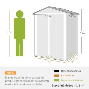 Căsuță de Grădină 1,1m² din Oțel Zincat, Magazie de Grădină cu Uși Duble Largi cu Încuietoare, Acoperiș Înclinat, Mănuși, Magazie pentru Unelte, 133x87x178 cm, Gri Argintiu - Img 3