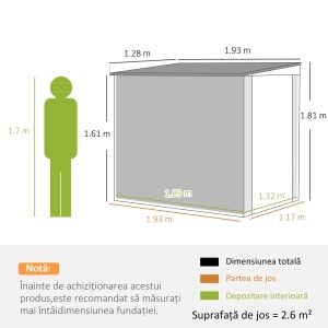 Căsuță de Grădină din Oțel cu 2 Prize de Aer și Fereastră Transparentă, 128x193x161/181 cm, Gri Închis - Img 3