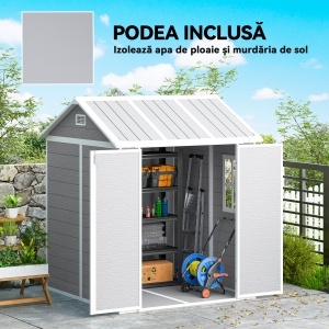 Căsuță de grădină din rășină cu podea, 2 uși blocabile, fereastră, 1.8x1.8m, gri - Img 6