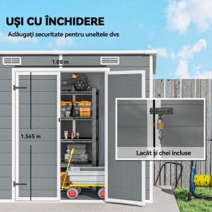 Căsuță de Grădină din Rășină cu Podea, 2 Uși Blocabile, Fereastră, 2,4 x 1,3 m, Gri - Img 8