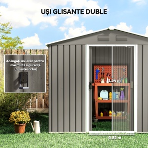 Casută de Grădină, Magazie de Exterior pentru Unelte cu 2 Uși Culisante și 4 Prize de Aerisire, 236x174x190 cm, Gri - Img 5