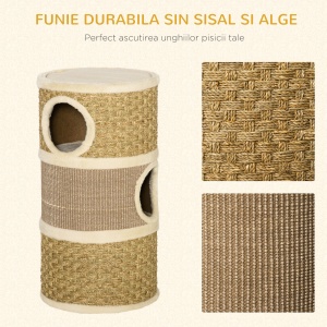 Casuta Pat pentru Pisici Stalp de zgariere sub forma de Turn 3 Nise Franghie Sisal Alga Marina - Img 6