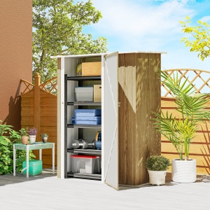 Căsuță pentru Grădină 1.07m² din Oțel Galvanizat, Căsuță pentru Unelte cu Ușă Blocabilă, Acoperiș Înclinat, 142x86x189 cm, Imitatie Lemn - Img 2