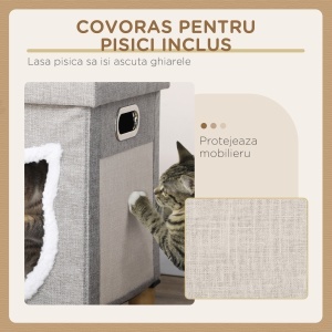 Căsuță pentru Pisici cu Covor de Zgâriat, Pernă și Bilă, 35.5x35.5x42.5 cm, Crem și Gri - Img 5
