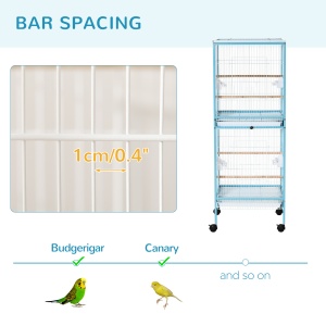 Colivie pentru Pasari 2 in 1 Voliera pentru Interior cu 4 Roti Pivotante, Tavi Detasabile si Recipiente din plastic, 51,5x50x140cm, Albastra - Img 7
