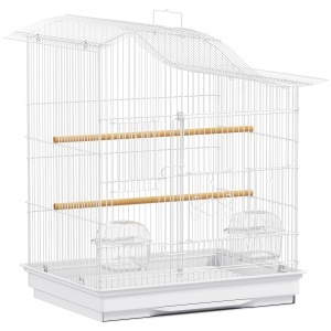 Colivie pentru Păsări cu 4 Intrări, 2 Boluri, 2 Stinghii și Tavă Detașabilă, Volieră din Metal și Plastic, 47,5x36x54,5 cm, Alb