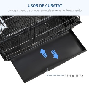 Colivie pentru pasari cu Stinghii, Leagan si boluri, Voliera din Metal si Plastic, 46.5x35.5x92 cm, Negru - Img 5