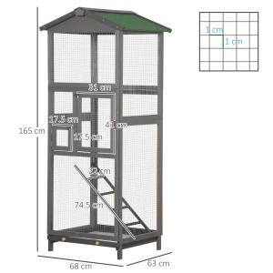 Colivie pentru Păsări din Lemn și Plasă Metalică cu 2 Uși și Tavă Detașabilă, 68x63x165 cm, Gri Deschis - Img 3