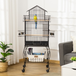 Colivie pentru Pasari pentru Interior din Otel si Lemn cu Tava Detasabila. 4 Roti, Recipient pentru Aliemnte, 51,5x50x140cm, Neagra - Img 2
