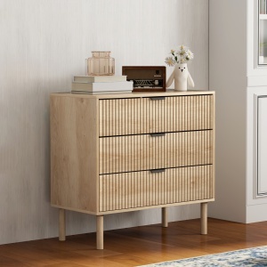 Comodă cu 3 Sertare, Picioare din Lemn Masiv și Design Canelat, 80x40x77,5 cm, Lemn Natural - Img 2