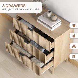 Comodă cu 3 Sertare, Picioare din Lemn Masiv și Design Canelat, 80x40x77,5 cm, Lemn Natural - Img 5