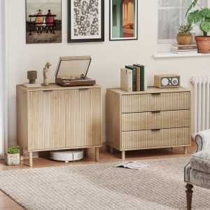 Comodă cu 3 Sertare, Picioare din Lemn Masiv și Design Canelat, 80x40x77,5 cm, Lemn Natural - Img 8