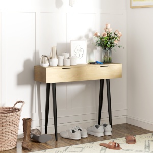 Consolă de Intrare cu 2 Sertare, Masă Consolă din Lemn cu Picioare din Oțel, 100x30x80,5 cm, Lemn Natural - Img 2