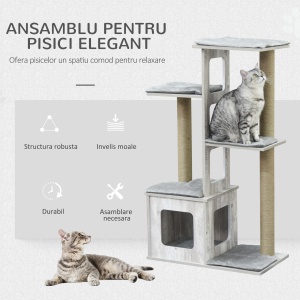 Copac de zgariat pentru Pisici pe mai multe nivele, Casuta si Franghii din Iuta, Gri - Img 4