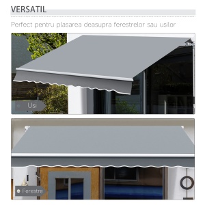 Copertina pentru soare tip rulou reglare cu manivela, din aluminiu si poliester, 295x245cm, gri - Img 5
