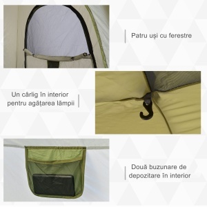 Cort pentru Camping cu 2 Locuri, Cort cu Ușă, 3 Ferestre cu Plasă și Geantă pentru Transport, 240x240x199 cm, Verde - Img 6