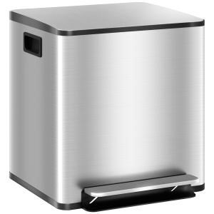 Coș de Gunoi cu 2 Compartimente de 15L cu Pedală, și Capac Silențios din Oțel, 41,8x36,7x44 cm, Argintiu - Img 1