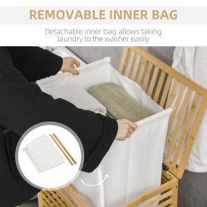 Cos de Rufe cu Sipci din Bambus si Material Textil cu Capac si Sac detasabil pentru Baie si Dormitor, 50x36x60 cm, culoare Lemn natur - Img 5