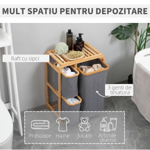 Cos de rufe din bambus , cos de rufe cu 3 pungi glisante din material textil si raft deschis, cos de spalat cu 3 sectiuni, economiseste spatiu, natural - Img 4