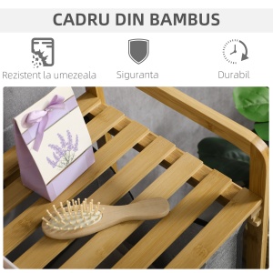 Cos de rufe din bambus , Cos de rufe cu raft, 2 saci pentru dormitor, baie, spalatorie, 64 x 33 x 73 cm, gri - Img 7