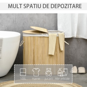 Cos de rufe din bambus cu capac, 100 litri cu 2 sectiuni, captuseala detasabila lavabila, 62,5 x 37 x 60,5 cm, natural - Img 4