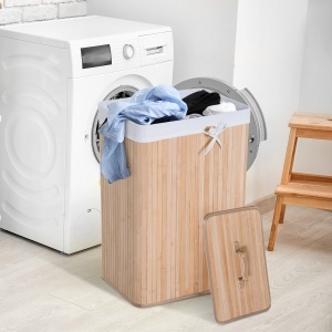Cos de rufe din bambus cu capac si geanta detasabila din material, 40x30x60cm, natural - Img 2