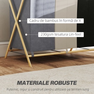 Coș de Rufe Pliabil cu 3 Compartimente, din Bambus și Material cu Efect de In, 75x48x67 cm, Multicolor - Img 6