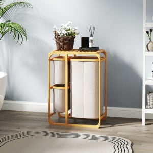 Coș pentru Rufe cu 3 Saci și Rafturi Detașabile din Material Textil din Bambus, 50x32x69,7 cm, Alb Crem - Img 2