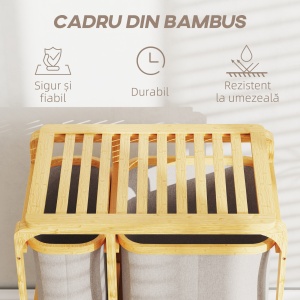 Coș pentru Rufe cu 3 Saci și Rafturi Detașabile din Material Textil din Bambus, 50x32x69,7 cm, Alb Crem - Img 7