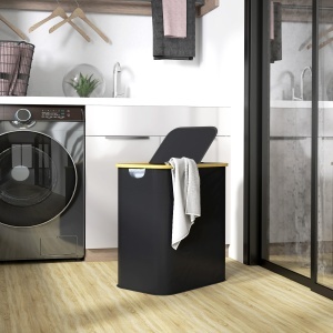 Coș pentru Rufe de 80L cu 2 Secțiuni și Capac din Material Textil și Bambus, 54x34x58,5 cm, Negru - Img 2
