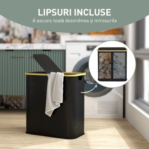 Coș pentru Rufe de 80L cu 2 Secțiuni și Capac din Material Textil și Bambus, 54x34x58,5 cm, Negru - Img 5