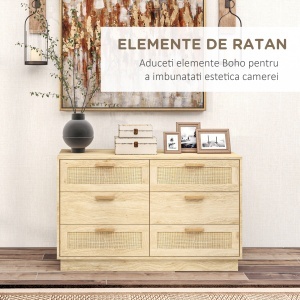 cu 6 sertare în stil Boho pentru dormitor și hol, din lemn și rattan, 110x40x69 cm, Stejar - Img 4