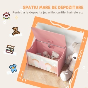 Cufăr de jucării pentru copii , ladă din lemn MDF cu capac și balama de siguranță, 60x37x39cm, de culoare roz - Img 6